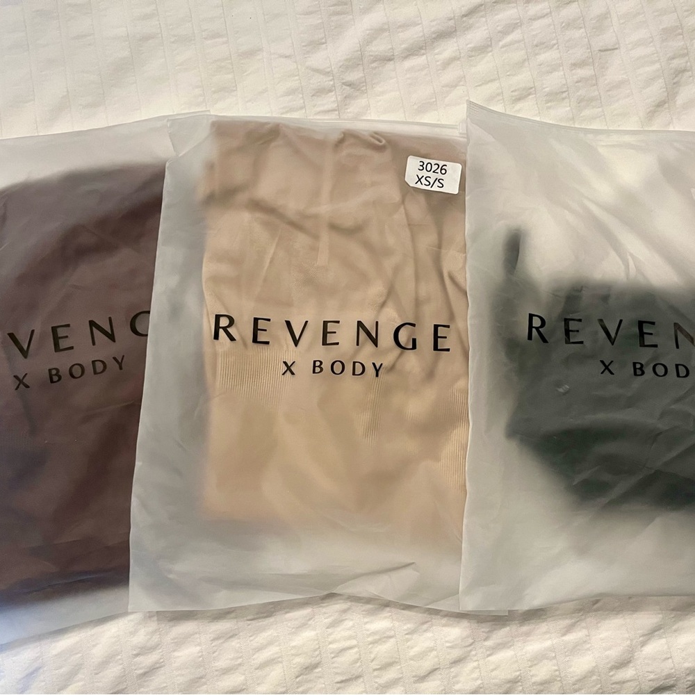 Three Revenge bodysuits (brown, tan and black)